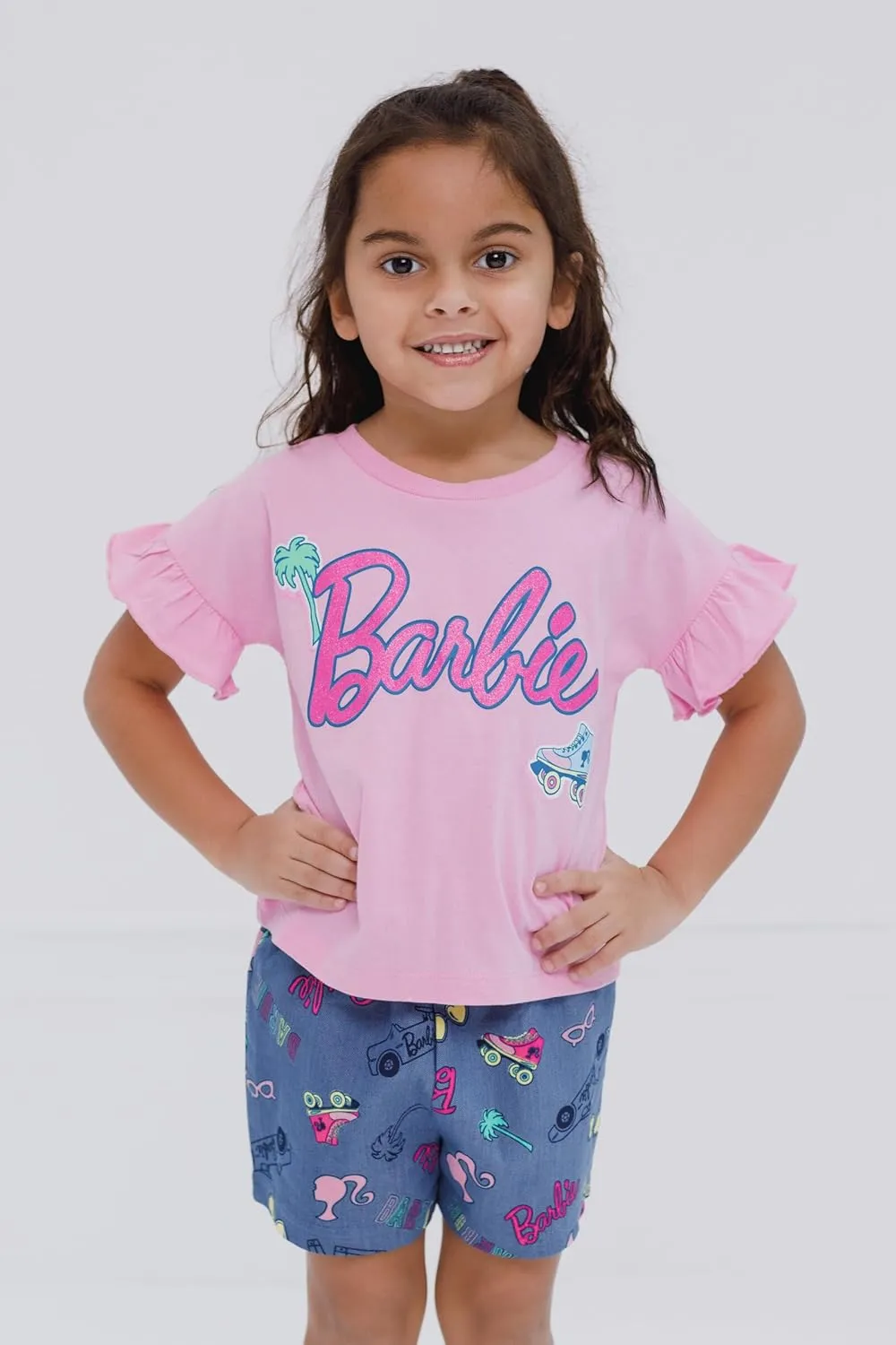 Barbie Girls Peplum T-Shirt and Twill Shorts Outfit Set Toddler to Big Kid Sizes (2T - 14-16)