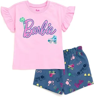 Barbie Girls Peplum T-Shirt and Twill Shorts Outfit Set Toddler to Big Kid Sizes (2T - 14-16)