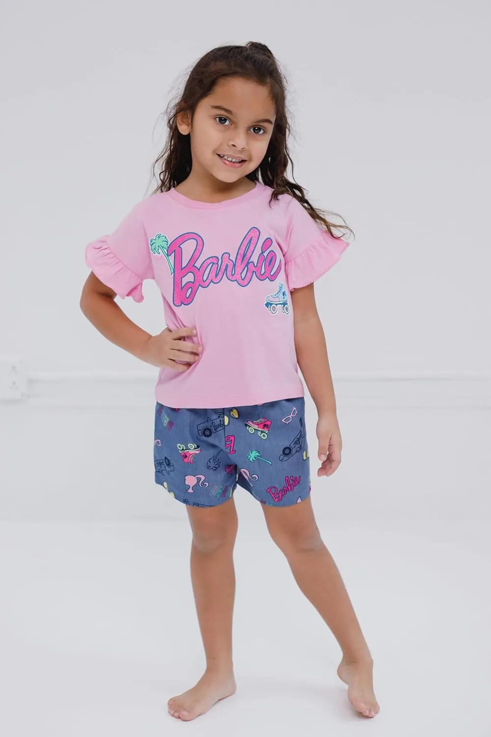Barbie Girls Peplum T-Shirt and Twill Shorts Outfit Set Toddler to Big Kid Sizes (2T - 14-16)
