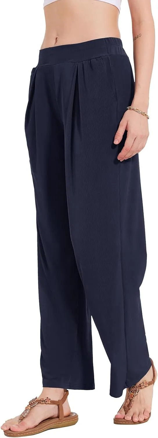 BATHRINS Women's Drawstring High Waisted Straight Long Trousers Pants with Pockets