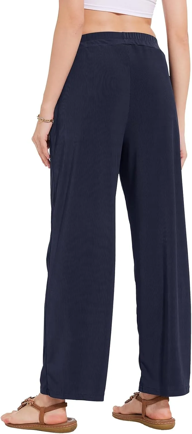 BATHRINS Women's Drawstring High Waisted Straight Long Trousers Pants with Pockets