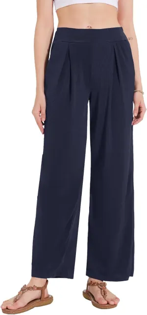BATHRINS Women's Drawstring High Waisted Straight Long Trousers Pants with Pockets