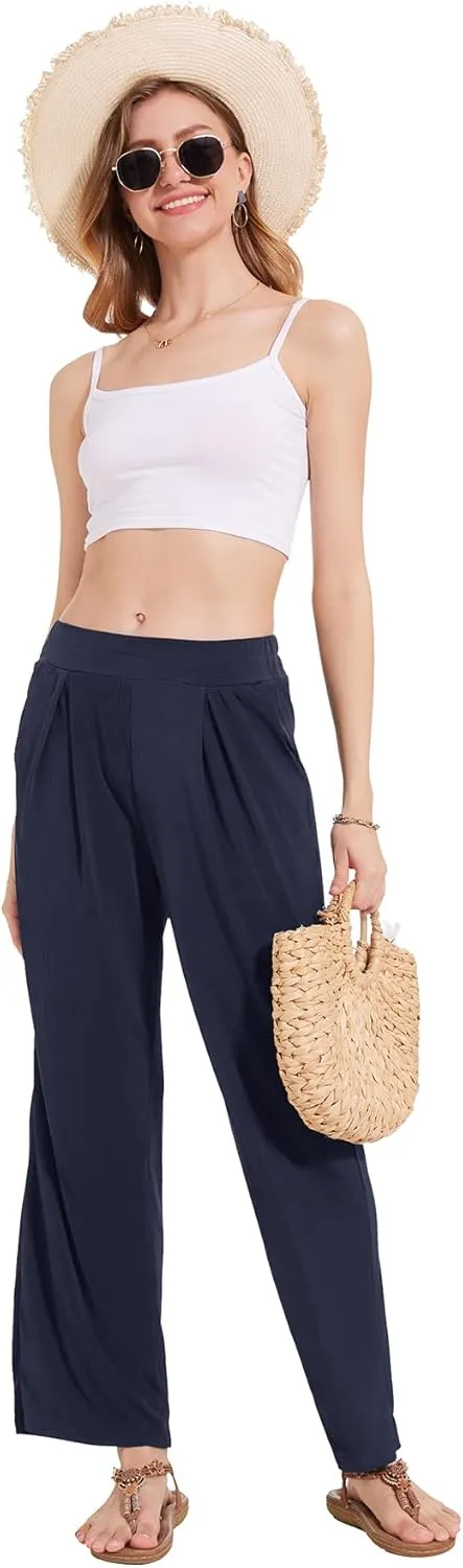 BATHRINS Women's Drawstring High Waisted Straight Long Trousers Pants with Pockets