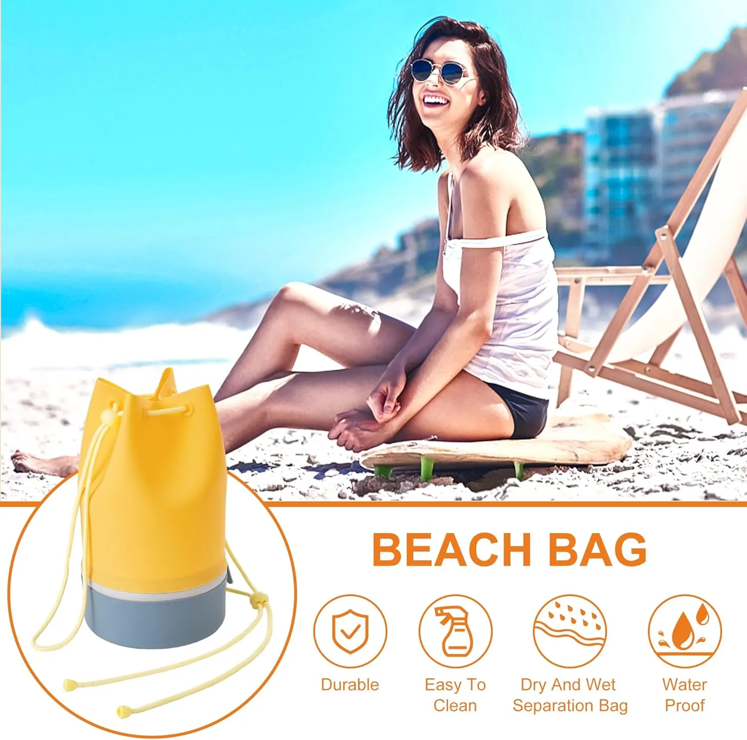 Beach Bag, Silicone Bucket Bag - Water Resistant, Sand Proof, Easy to Care, Two Compartments for Wet and Dry, Versatile Tote Bag for Gym, Pool, Outing(Orange)