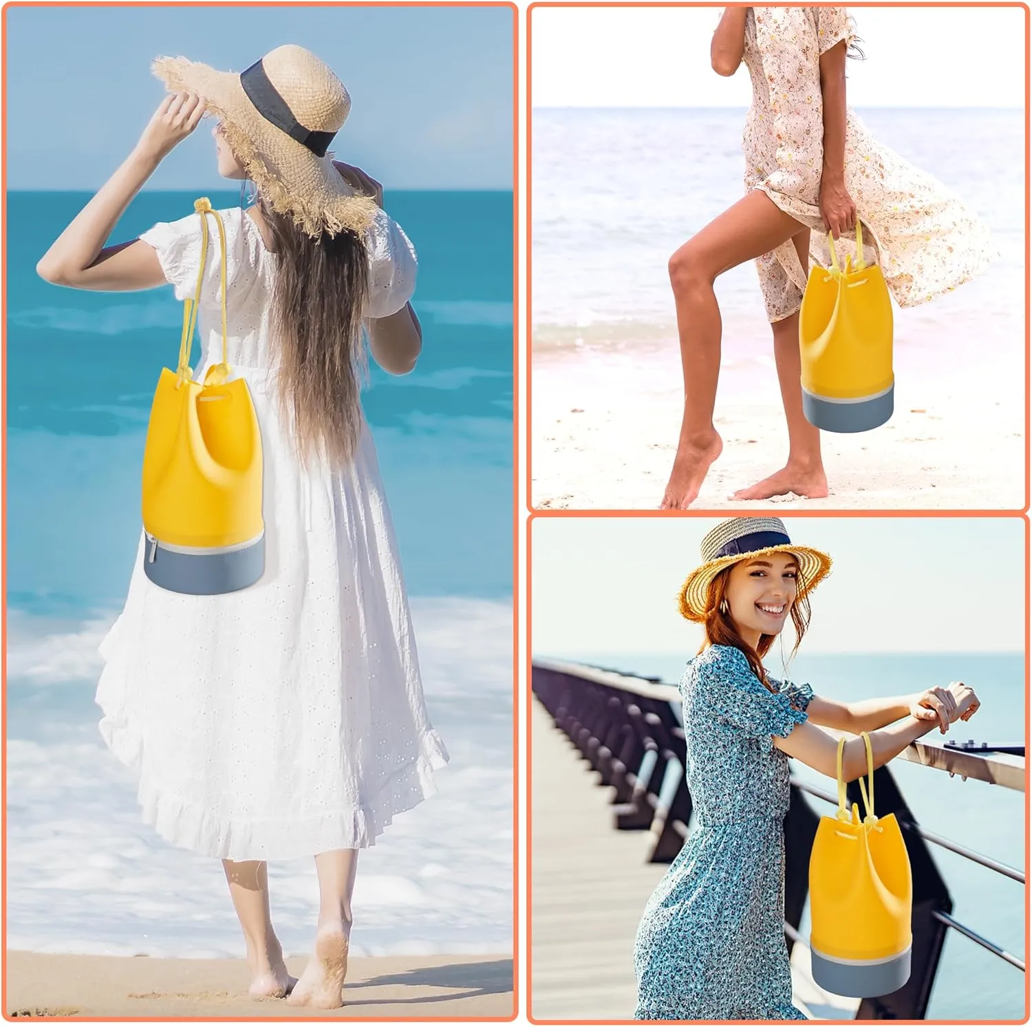 Beach Bag, Silicone Bucket Bag - Water Resistant, Sand Proof, Easy to Care, Two Compartments for Wet and Dry, Versatile Tote Bag for Gym, Pool, Outing(Orange)