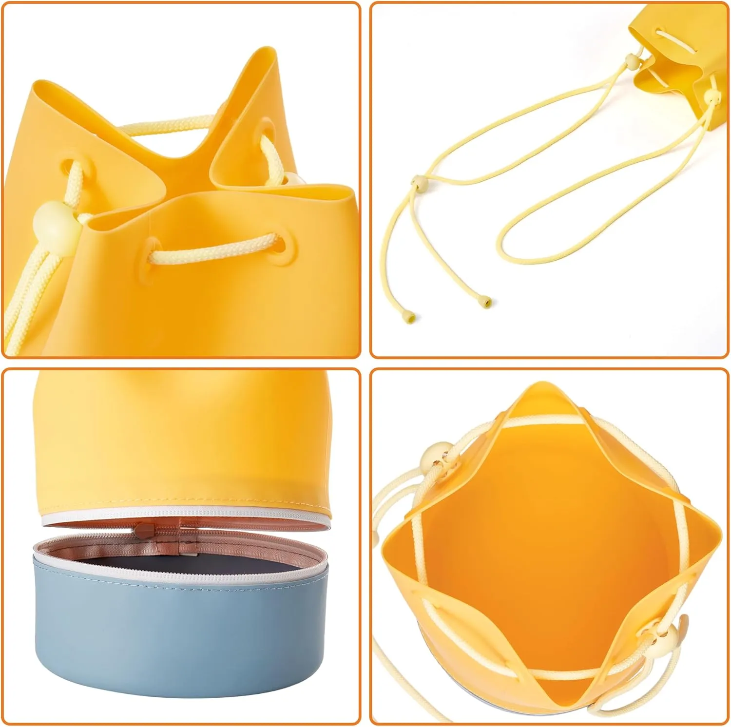 Beach Bag, Silicone Bucket Bag - Water Resistant, Sand Proof, Easy to Care, Two Compartments for Wet and Dry, Versatile Tote Bag for Gym, Pool, Outing(Orange)
