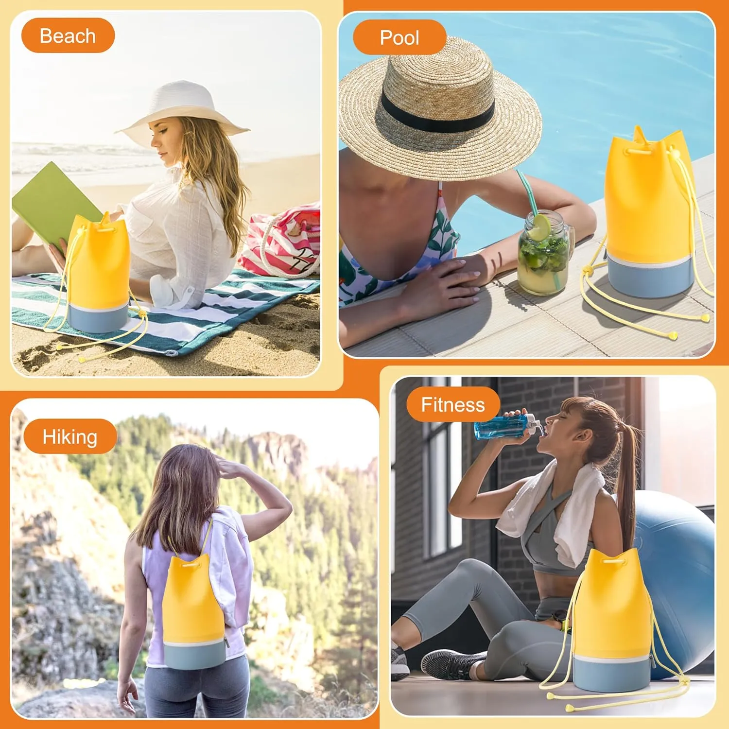Beach Bag, Silicone Bucket Bag - Water Resistant, Sand Proof, Easy to Care, Two Compartments for Wet and Dry, Versatile Tote Bag for Gym, Pool, Outing(Orange)