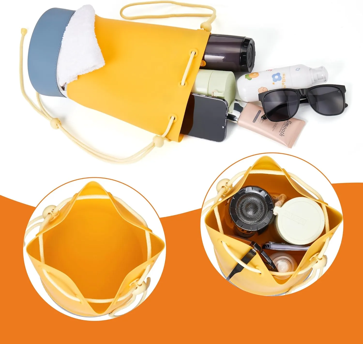 Beach Bag, Silicone Bucket Bag - Water Resistant, Sand Proof, Easy to Care, Two Compartments for Wet and Dry, Versatile Tote Bag for Gym, Pool, Outing(Orange)