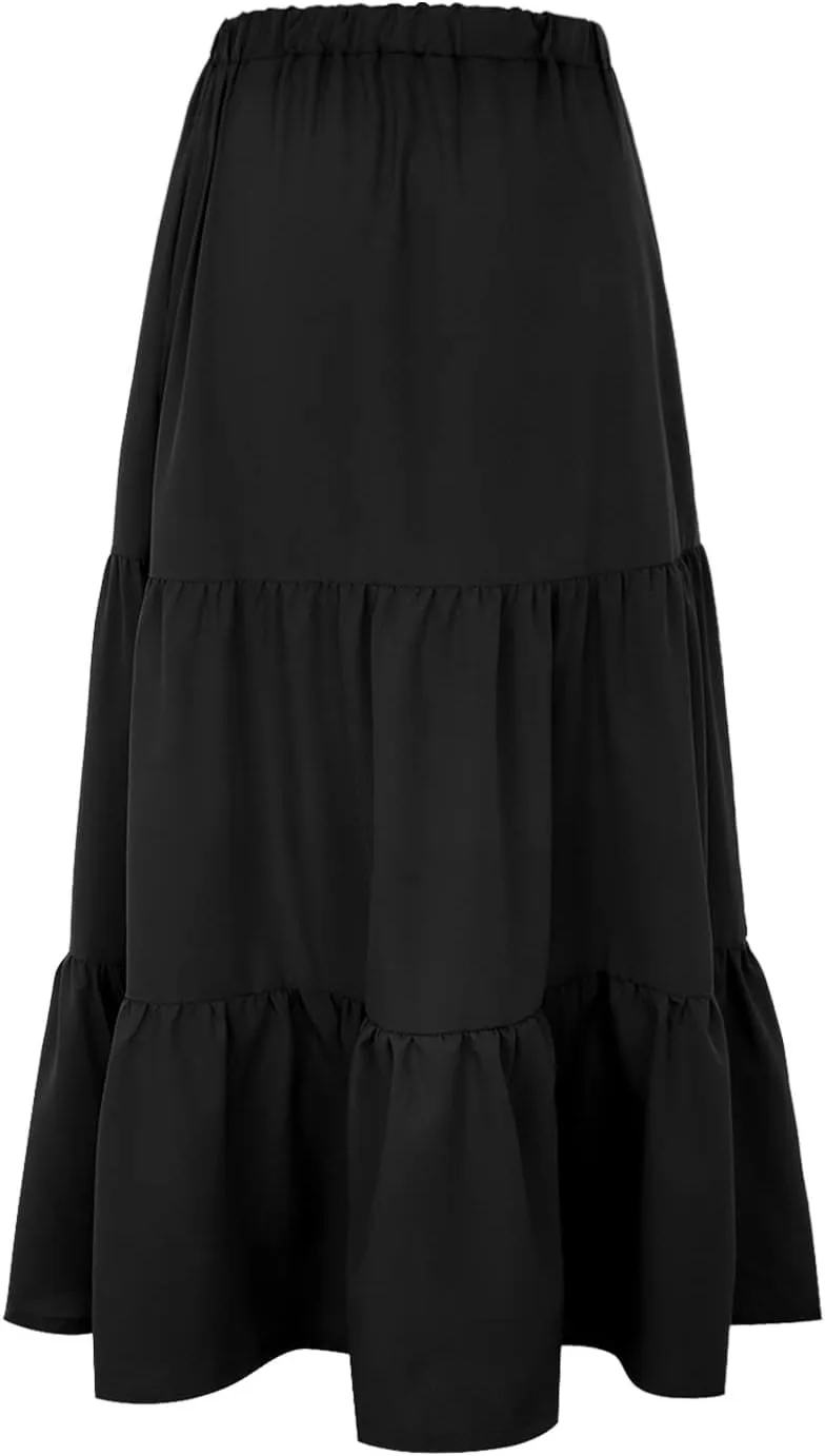 Beach Skirts for Women High Waisted Elastic Waist Bohemian Maxi Length Skirt with Tiered Ruffles and Side Pockets