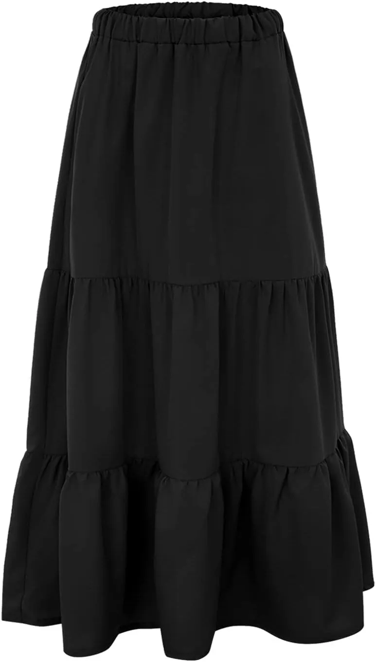 Beach Skirts for Women High Waisted Elastic Waist Bohemian Maxi Length Skirt with Tiered Ruffles and Side Pockets