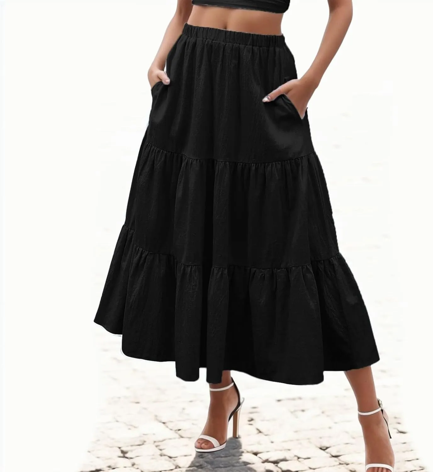 Beach Skirts for Women High Waisted Elastic Waist Bohemian Maxi Length Skirt with Tiered Ruffles and Side Pockets