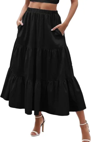 Beach Skirts for Women High Waisted Elastic Waist Bohemian Maxi Length Skirt with Tiered Ruffles and Side Pockets