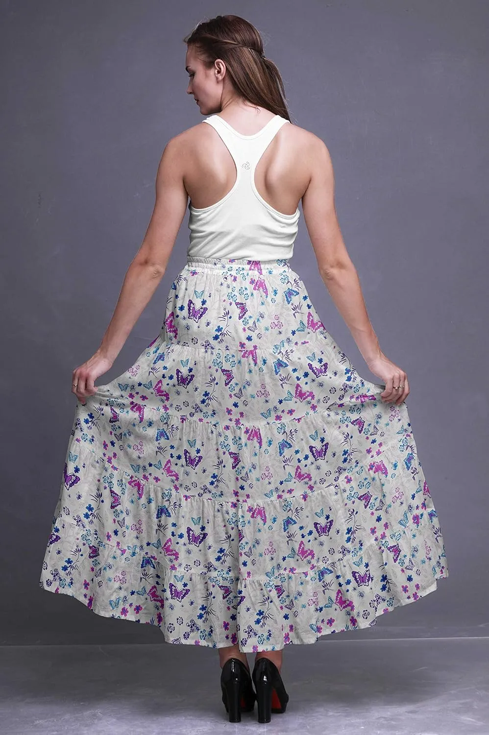 Bimba Women Skirts Long Bohemian Gypsy 5 Tier Cotton Printed Long Skirts