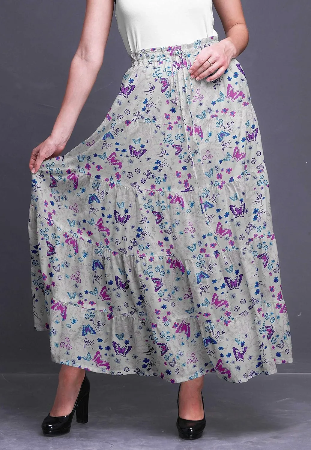Bimba Women Skirts Long Bohemian Gypsy 5 Tier Cotton Printed Long Skirts