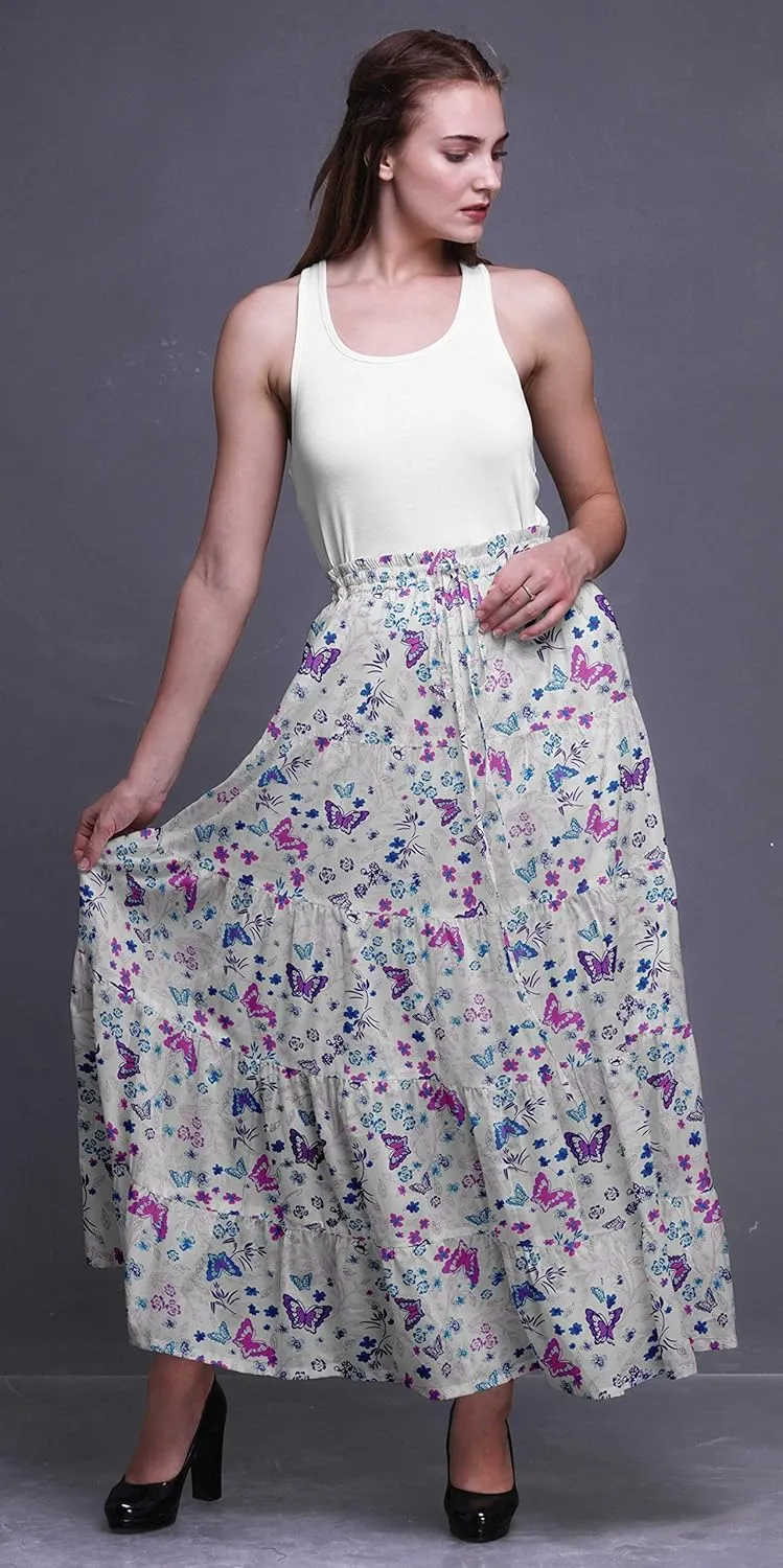 Bimba Women Skirts Long Bohemian Gypsy 5 Tier Cotton Printed Long Skirts