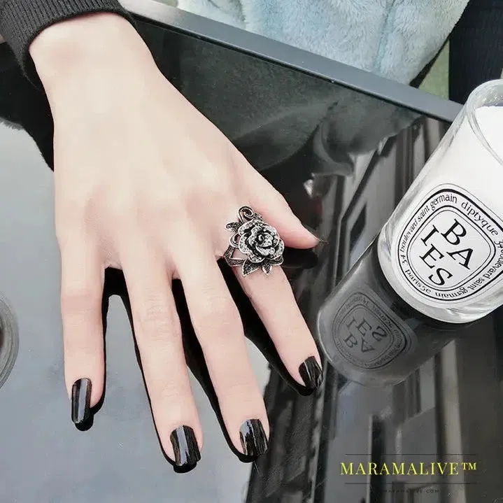 Black Rose Flower Big Vintage Rings For Women Unique Retro Crystal Rhinestone Jewelry Luxury Gift