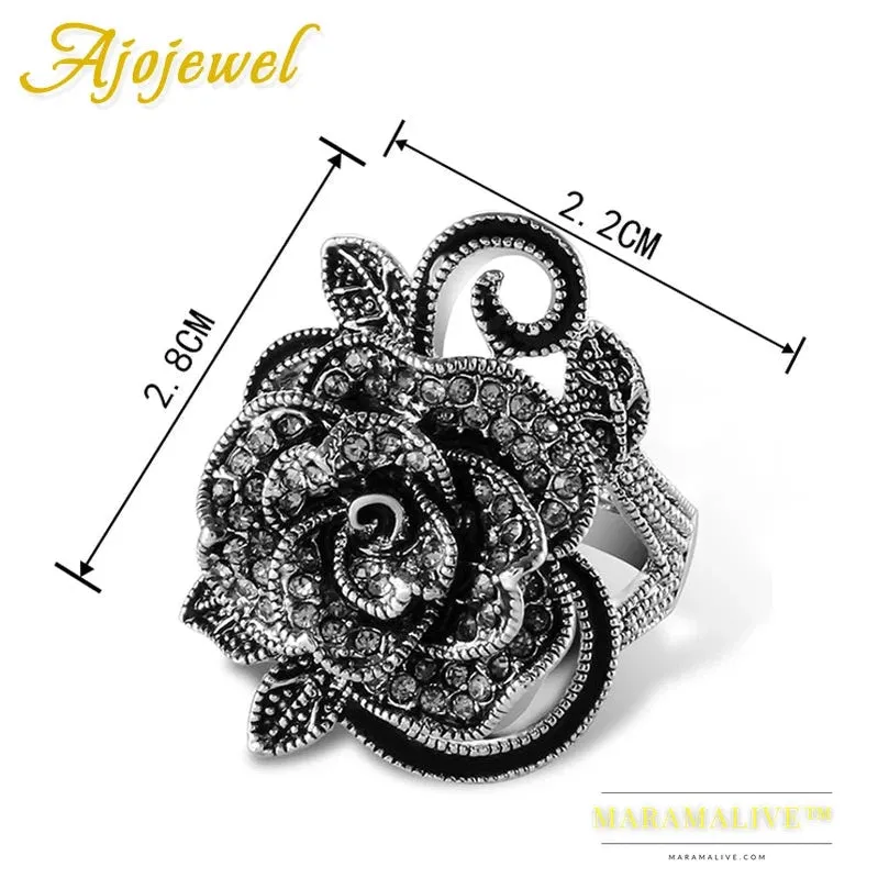 Black Rose Flower Big Vintage Rings For Women Unique Retro Crystal Rhinestone Jewelry Luxury Gift