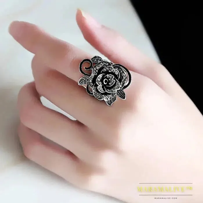 Black Rose Flower Big Vintage Rings For Women Unique Retro Crystal Rhinestone Jewelry Luxury Gift