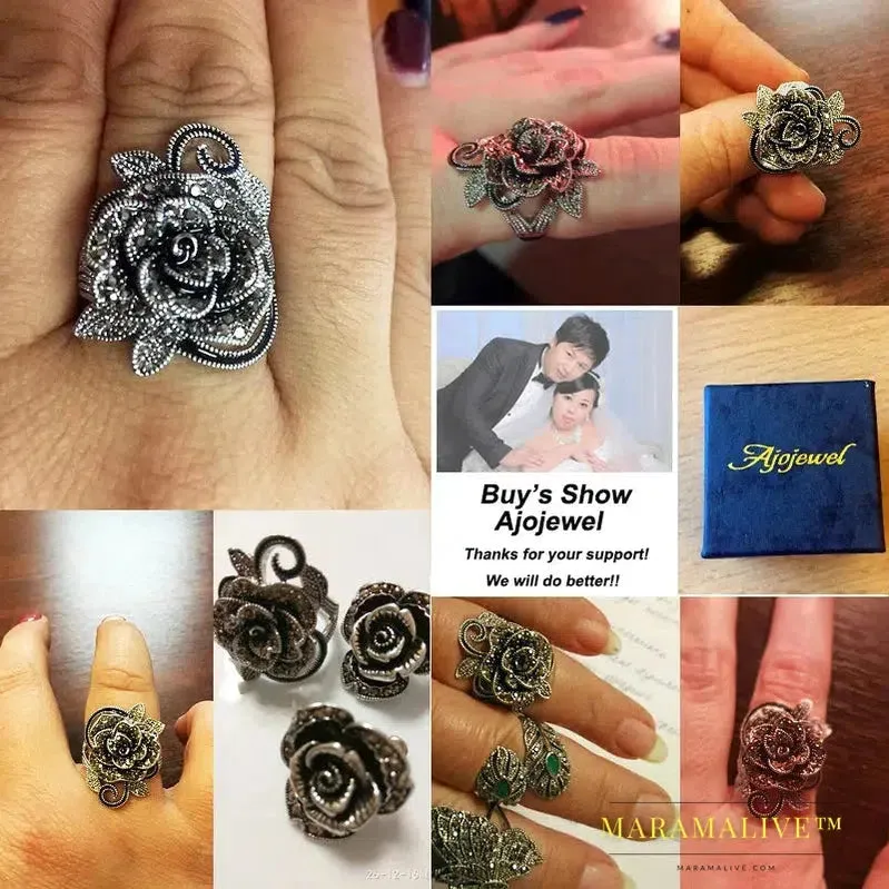 Black Rose Flower Big Vintage Rings For Women Unique Retro Crystal Rhinestone Jewelry Luxury Gift