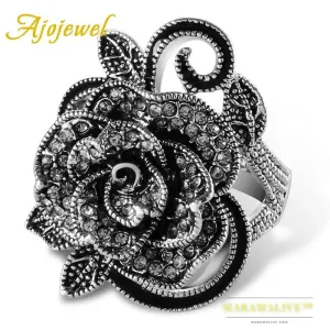 Black Rose Flower Big Vintage Rings For Women Unique Retro Crystal Rhinestone Jewelry Luxury Gift