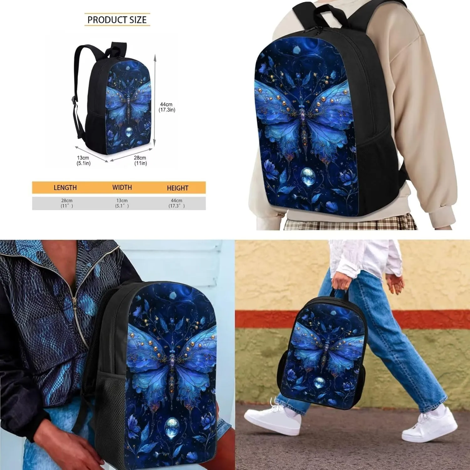 Blue Butterfly Backpack for Girls 4 Piece Personalized Versatile Girls Bookbag and Lunchbox Age 10-12 Portable Protective Water Bottle Cover for Middle School Study