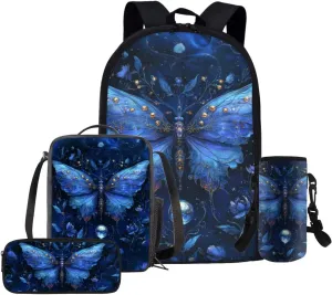 Blue Butterfly Backpack for Girls 4 Piece Personalized Versatile Girls Bookbag and Lunchbox Age 10-12 Portable Protective Water Bottle Cover for Middle School Study