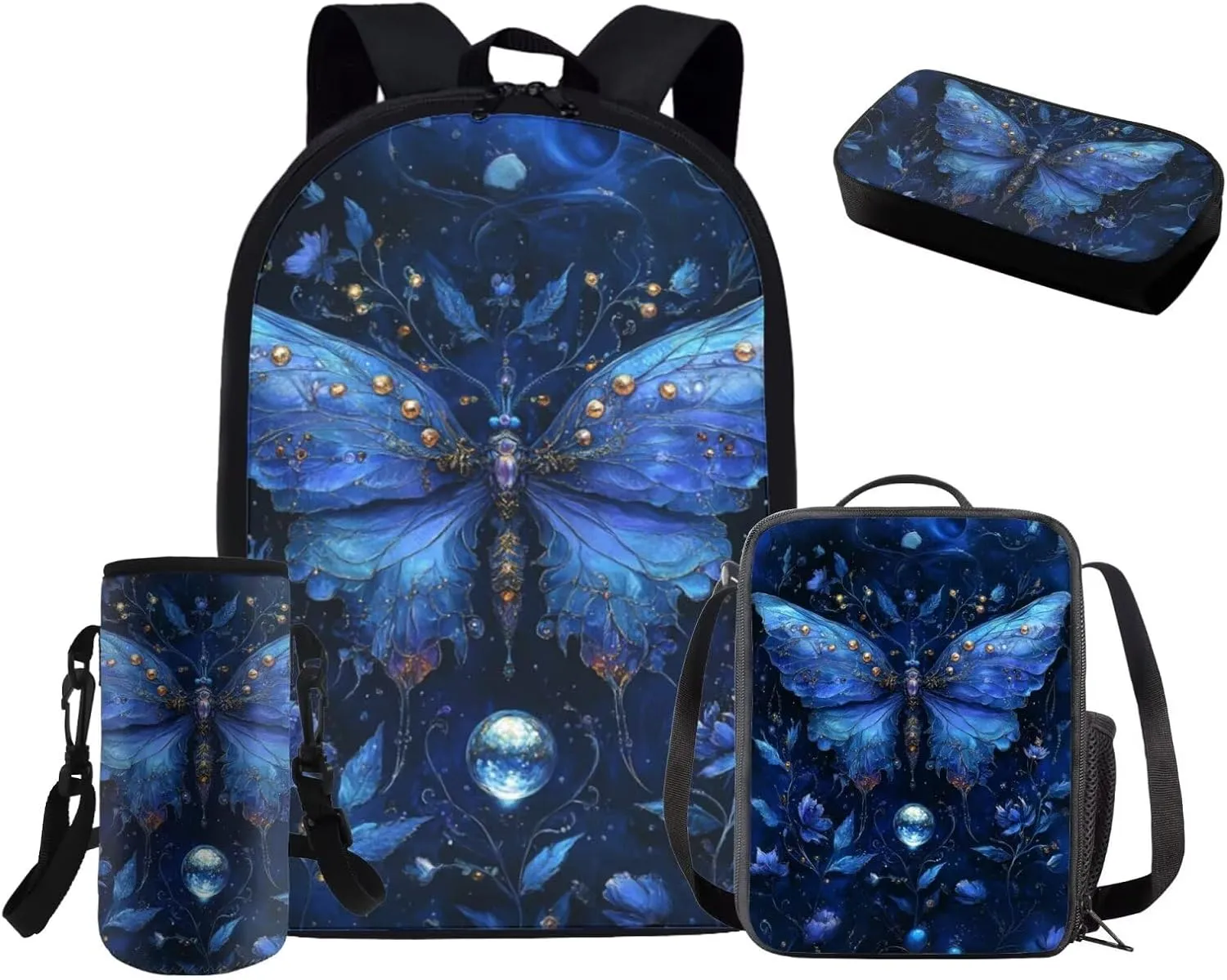 Blue Butterfly Backpack for Girls 4 Piece Personalized Versatile Girls Bookbag and Lunchbox Age 10-12 Portable Protective Water Bottle Cover for Middle School Study