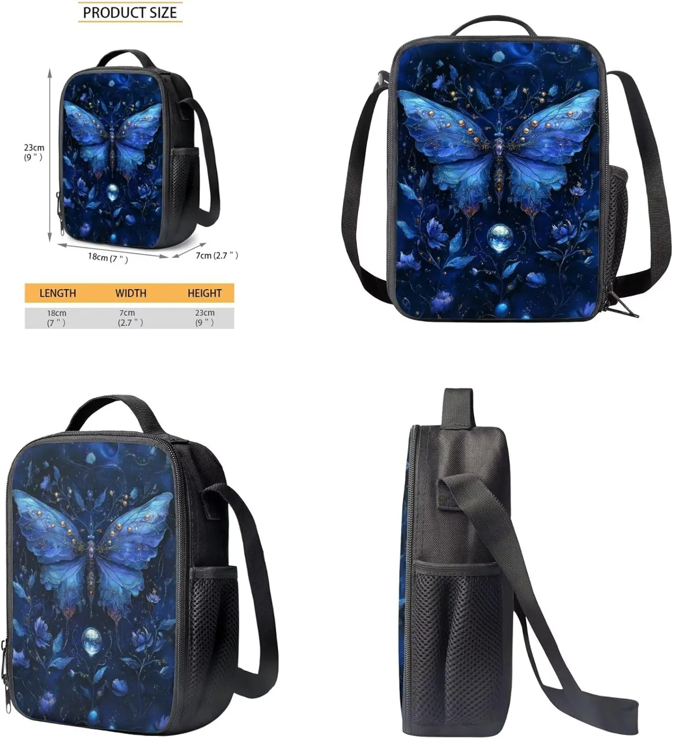 Blue Butterfly Backpack for Girls 4 Piece Personalized Versatile Girls Bookbag and Lunchbox Age 10-12 Portable Protective Water Bottle Cover for Middle School Study