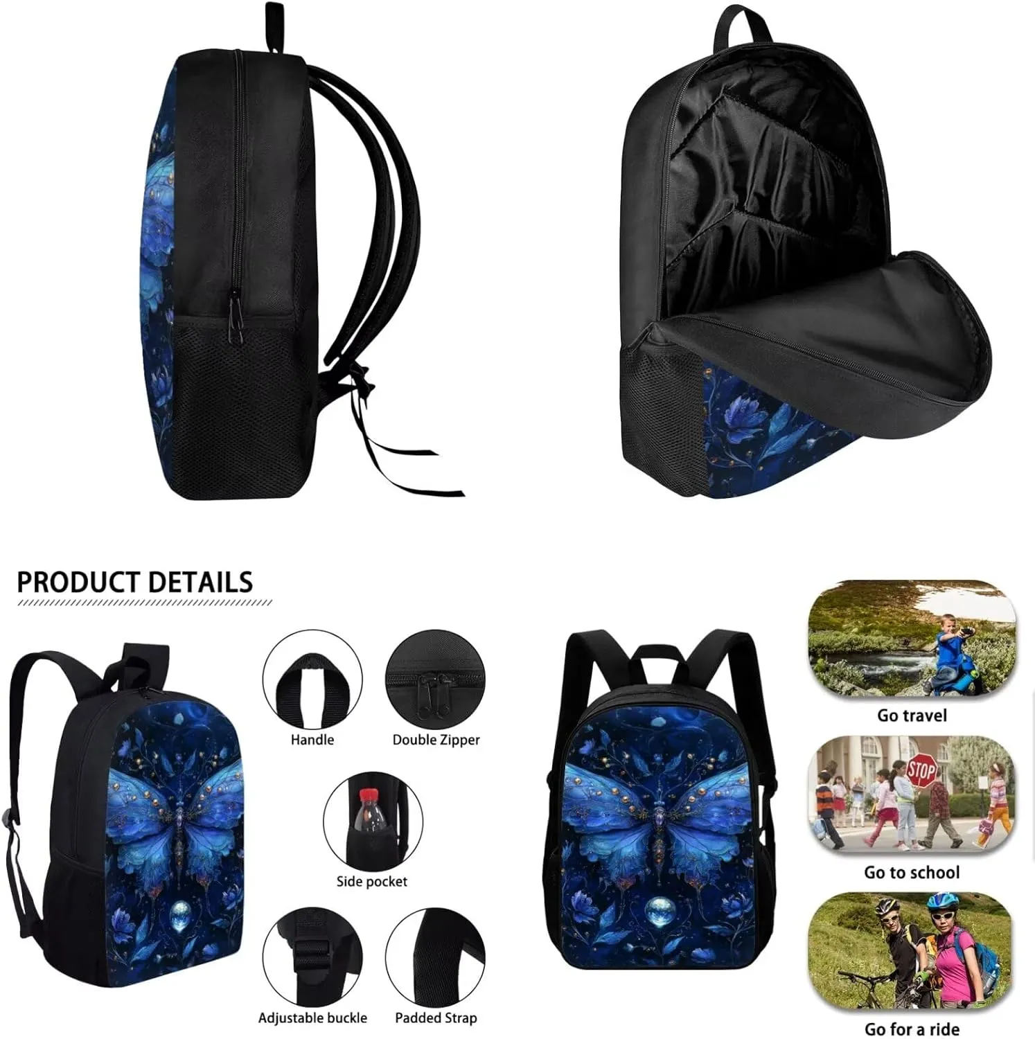 Blue Butterfly Backpack for Girls 4 Piece Personalized Versatile Girls Bookbag and Lunchbox Age 10-12 Portable Protective Water Bottle Cover for Middle School Study