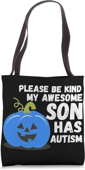 Blue Pumpkin Bucket Halloween Be Kind My Son Has Autism Tote Bag
