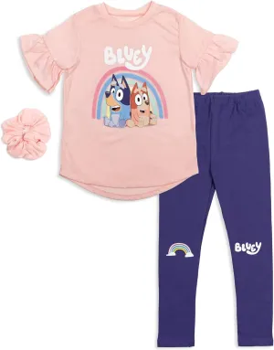 Bluey Bingo Girls T-Shirt Leggings and Scrunchie 3 Piece Outfit Set Toddler to Little Kid