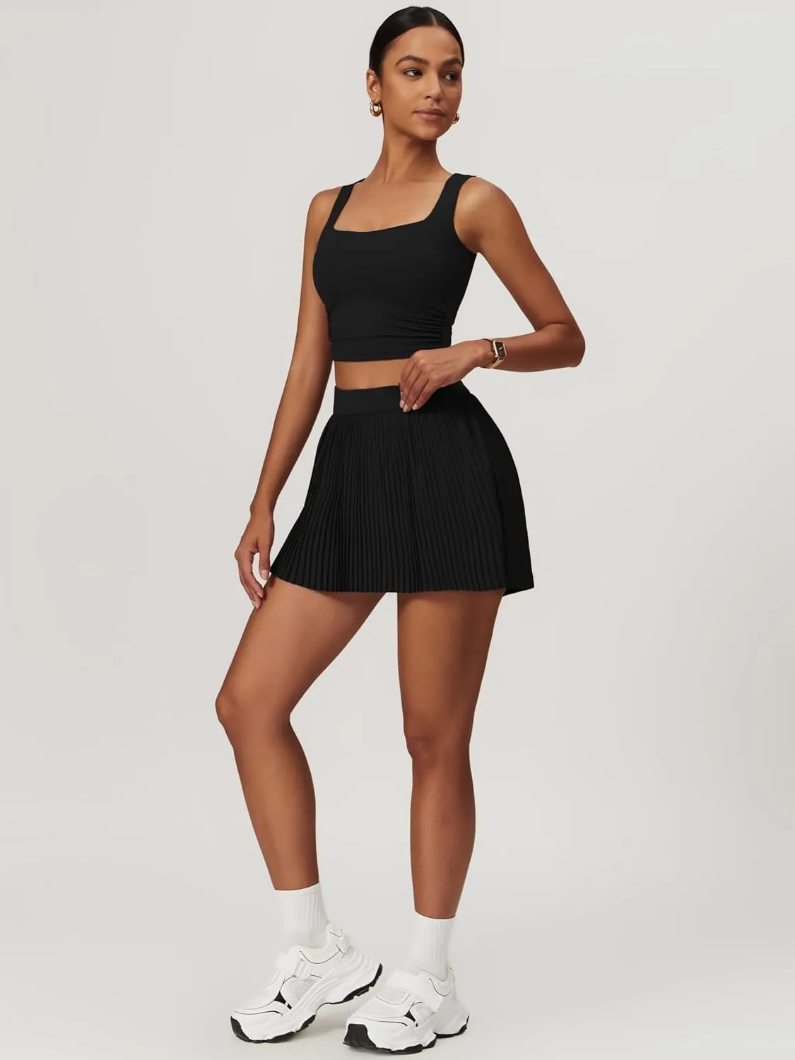 BOCIW 2 Piece Tennis Dresses for Women High Waisted Pleated Skirt Sets Square Neck Workout Crop Tank Tops Golf Outfits