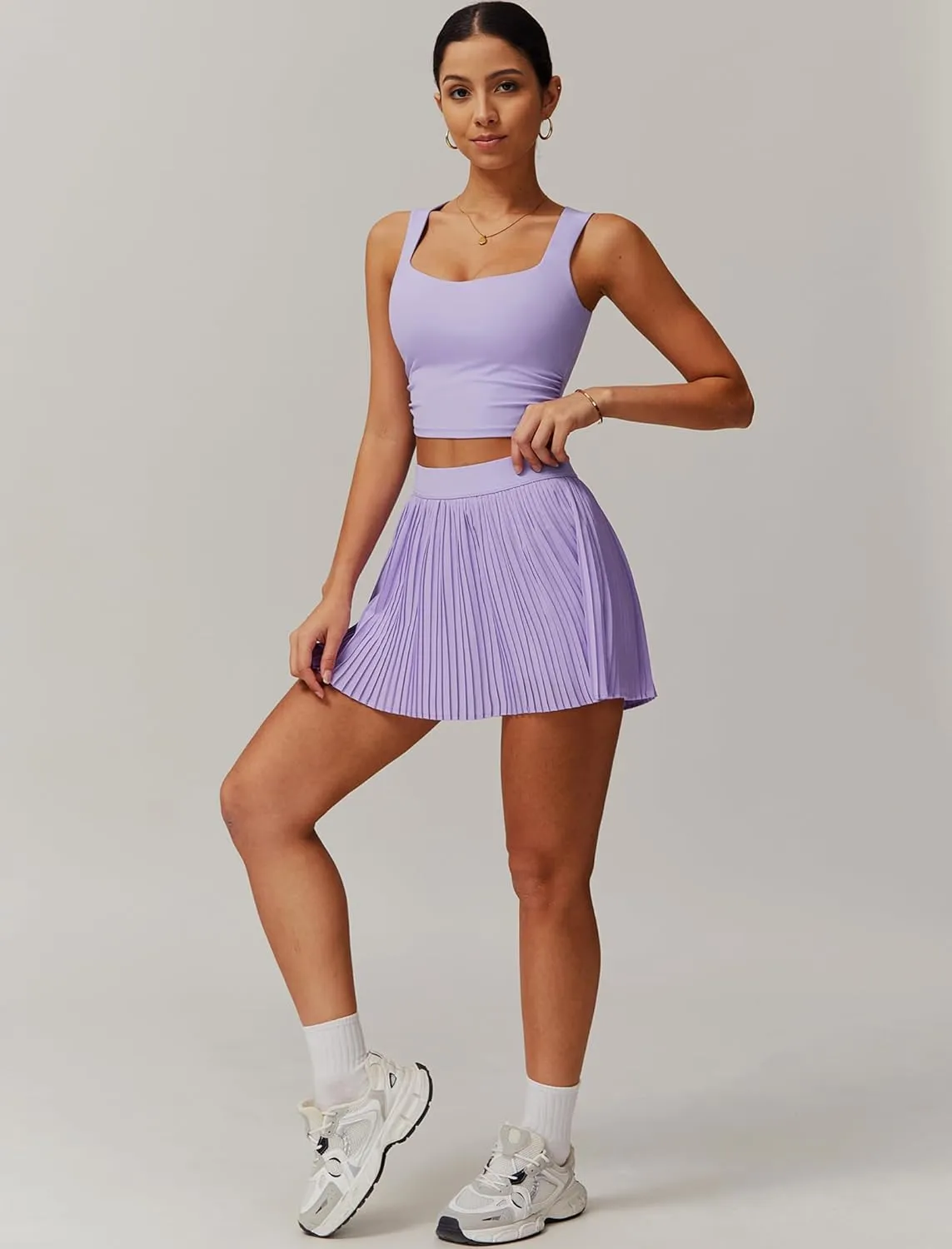 BOCIW 2 Piece Tennis Dresses for Women High Waisted Pleated Skirt Sets Square Neck Workout Crop Tank Tops Golf Outfits