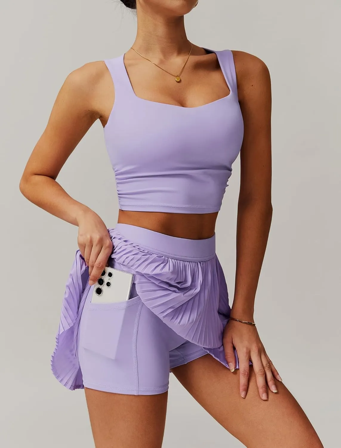 BOCIW 2 Piece Tennis Dresses for Women High Waisted Pleated Skirt Sets Square Neck Workout Crop Tank Tops Golf Outfits