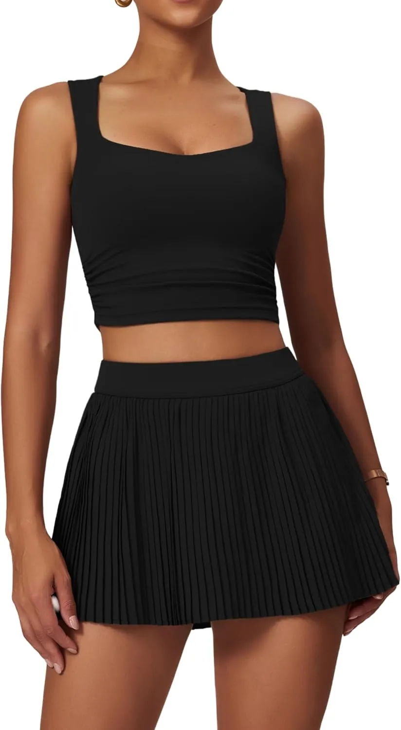 BOCIW 2 Piece Tennis Dresses for Women High Waisted Pleated Skirt Sets Square Neck Workout Crop Tank Tops Golf Outfits