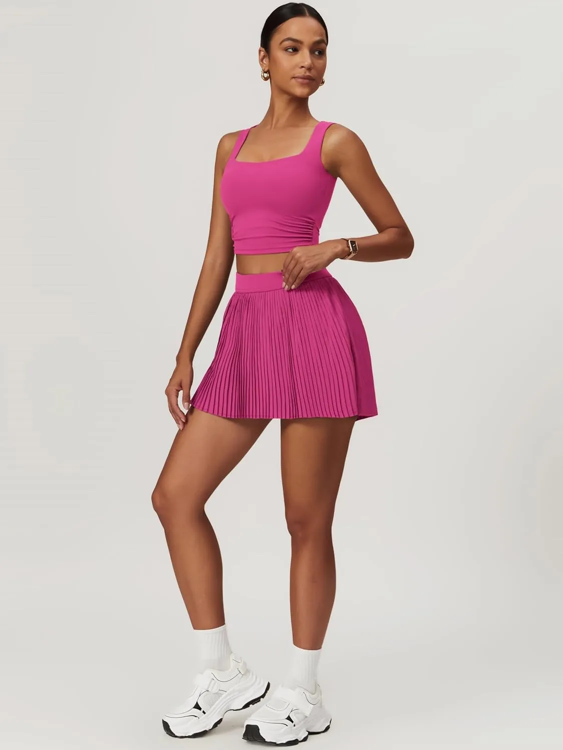 BOCIW 2 Piece Tennis Dresses for Women High Waisted Pleated Skirt Sets Square Neck Workout Crop Tank Tops Golf Outfits
