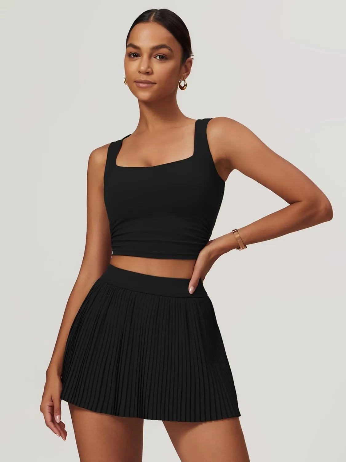 BOCIW 2 Piece Tennis Dresses for Women High Waisted Pleated Skirt Sets Square Neck Workout Crop Tank Tops Golf Outfits