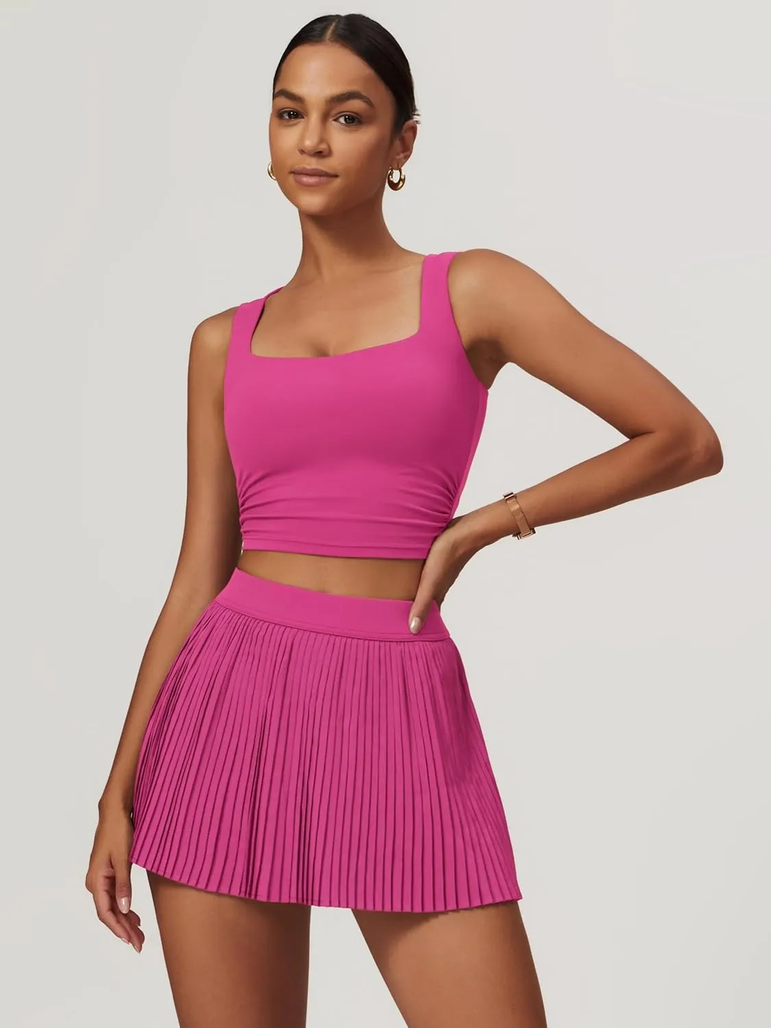 BOCIW 2 Piece Tennis Dresses for Women High Waisted Pleated Skirt Sets Square Neck Workout Crop Tank Tops Golf Outfits