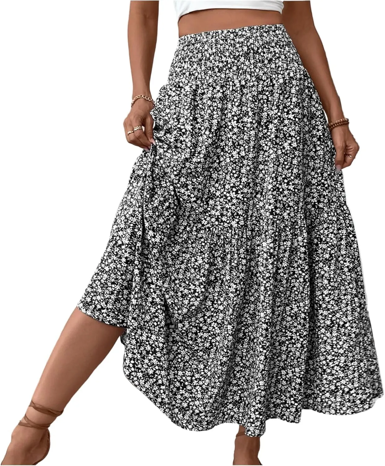 Bohemian Skirts for Women Trendy Country Floral Festival Smocked Beach Flutter Travel Elastic Waist Peasant Swing Skirts