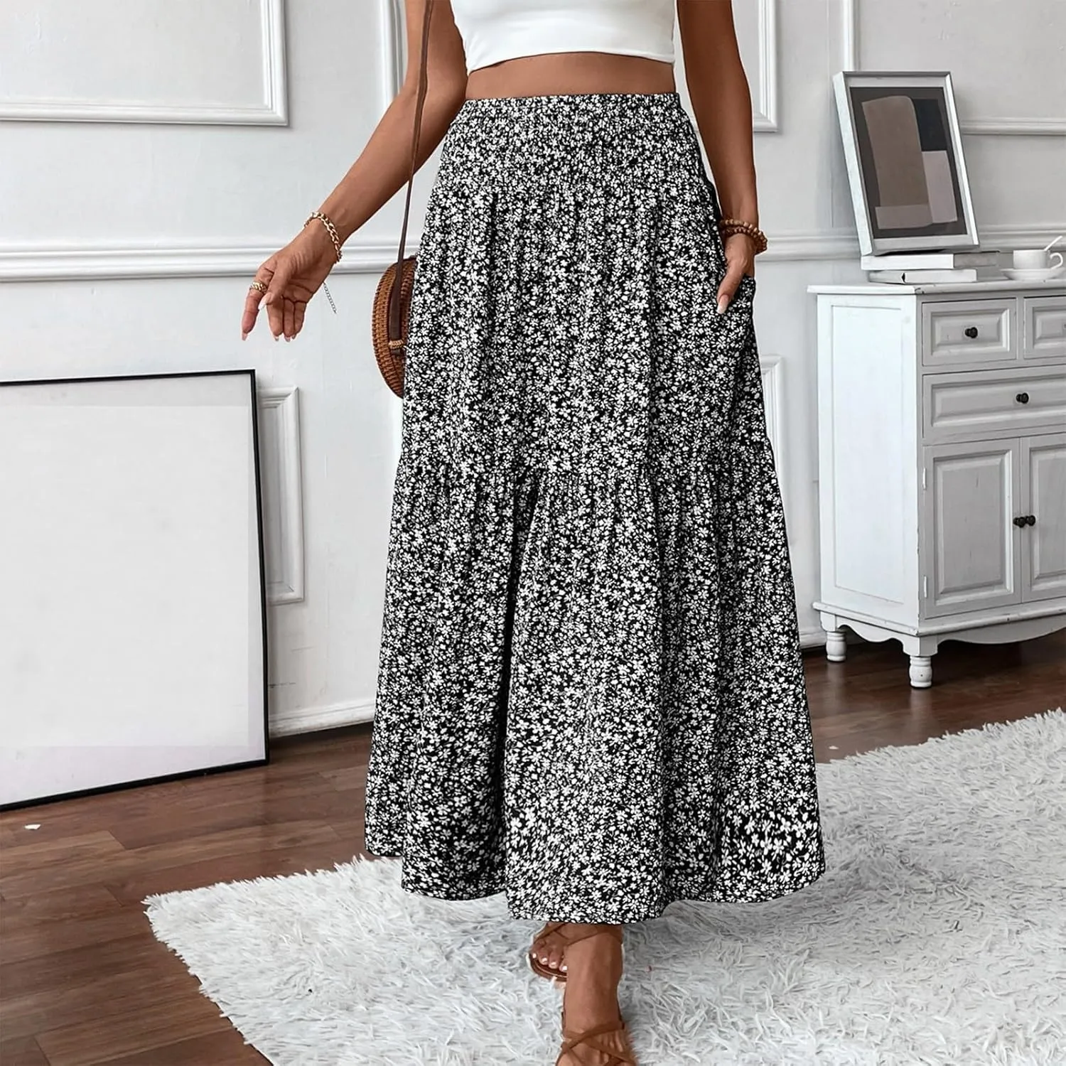 Bohemian Skirts for Women Trendy Country Floral Festival Smocked Beach Flutter Travel Elastic Waist Peasant Swing Skirts