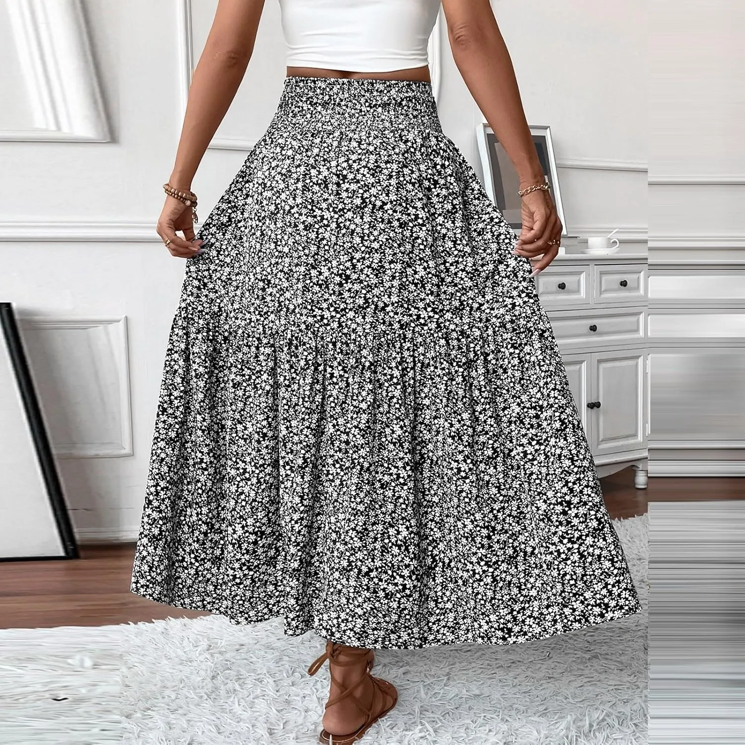 Bohemian Skirts for Women Trendy Country Floral Festival Smocked Beach Flutter Travel Elastic Waist Peasant Swing Skirts