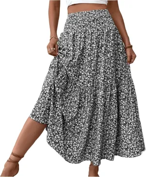 Bohemian Skirts for Women Trendy Country Floral Festival Smocked Beach Flutter Travel Elastic Waist Peasant Swing Skirts