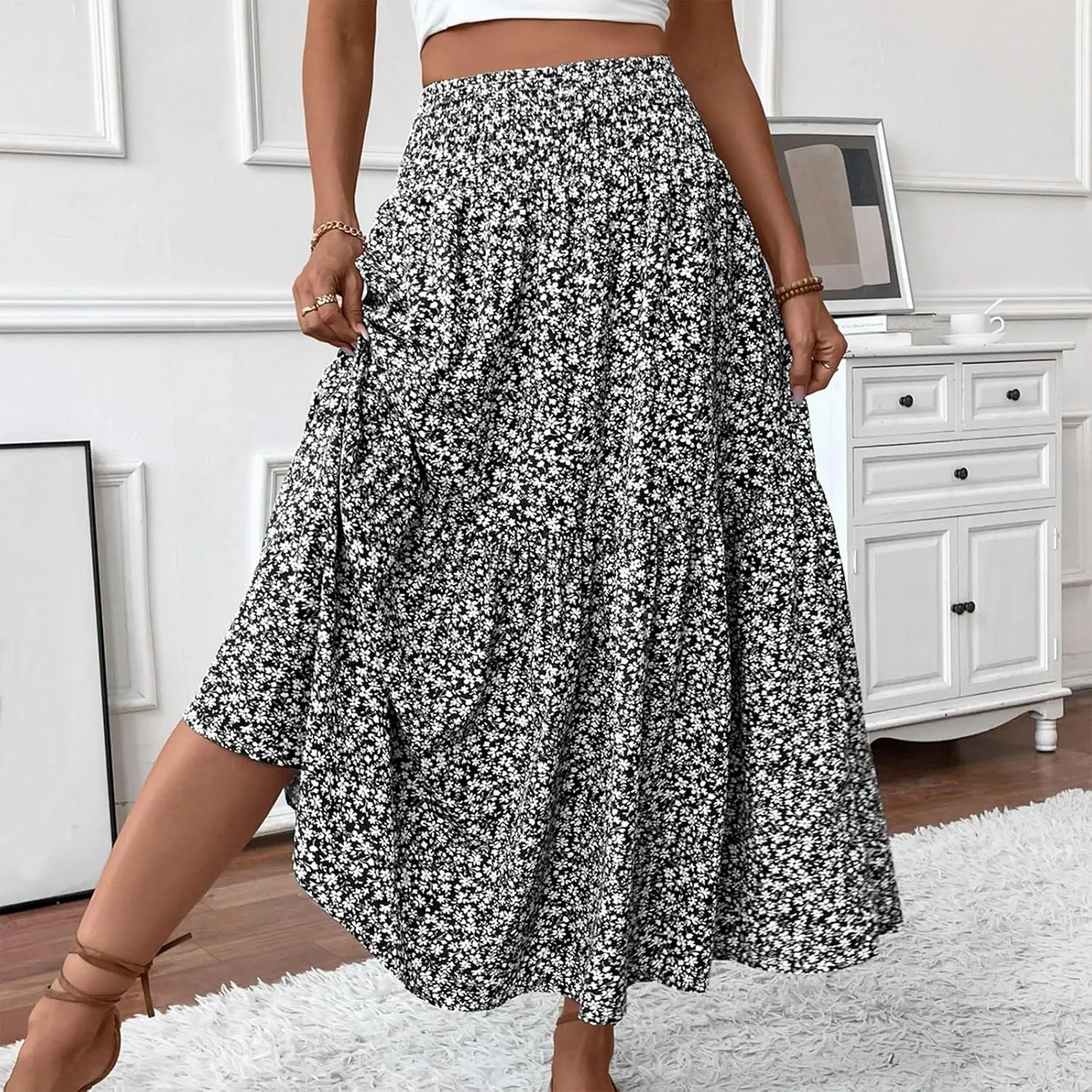 Bohemian Skirts for Women Trendy Country Floral Festival Smocked Beach Flutter Travel Elastic Waist Peasant Swing Skirts