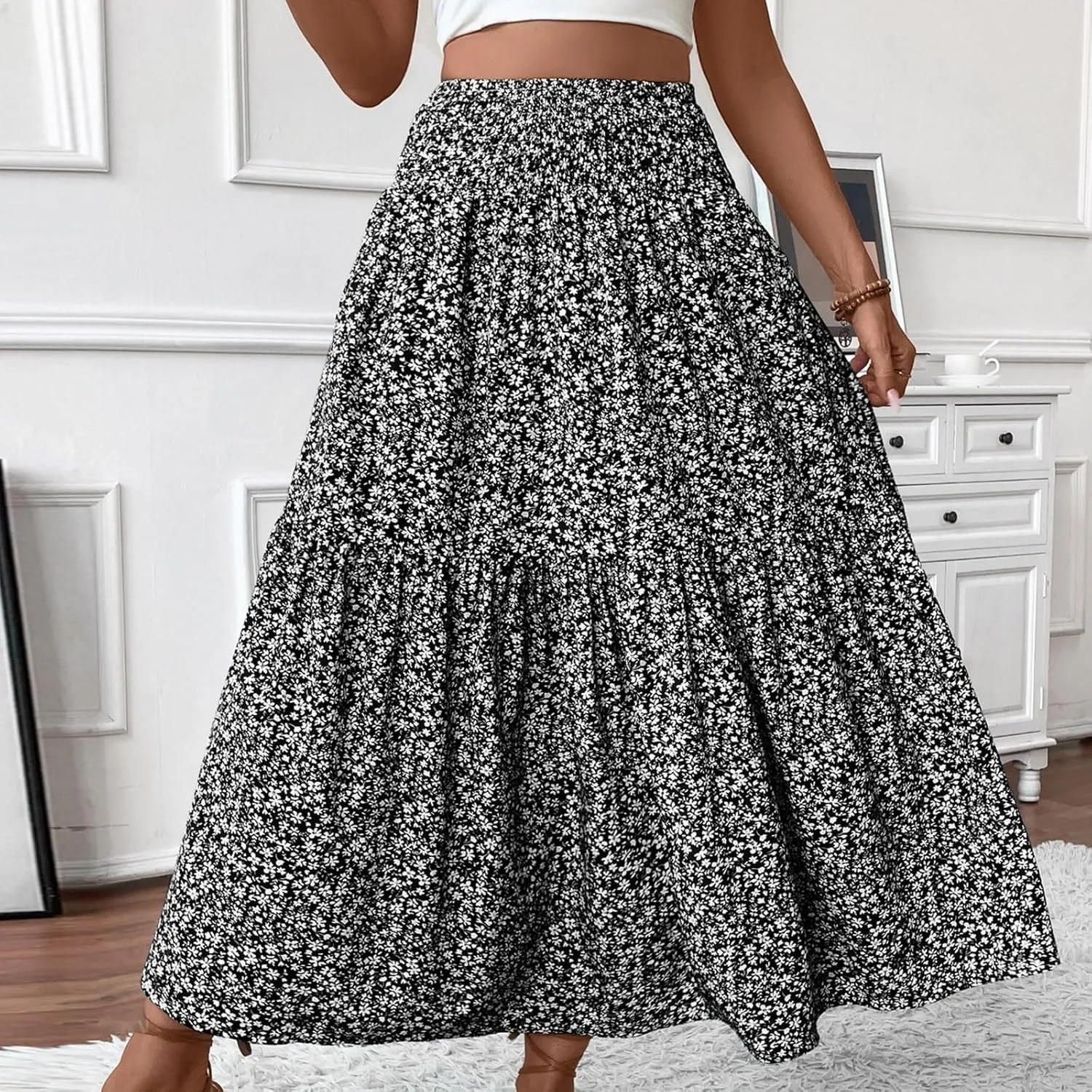 Bohemian Skirts for Women Trendy Country Floral Festival Smocked Beach Flutter Travel Elastic Waist Peasant Swing Skirts