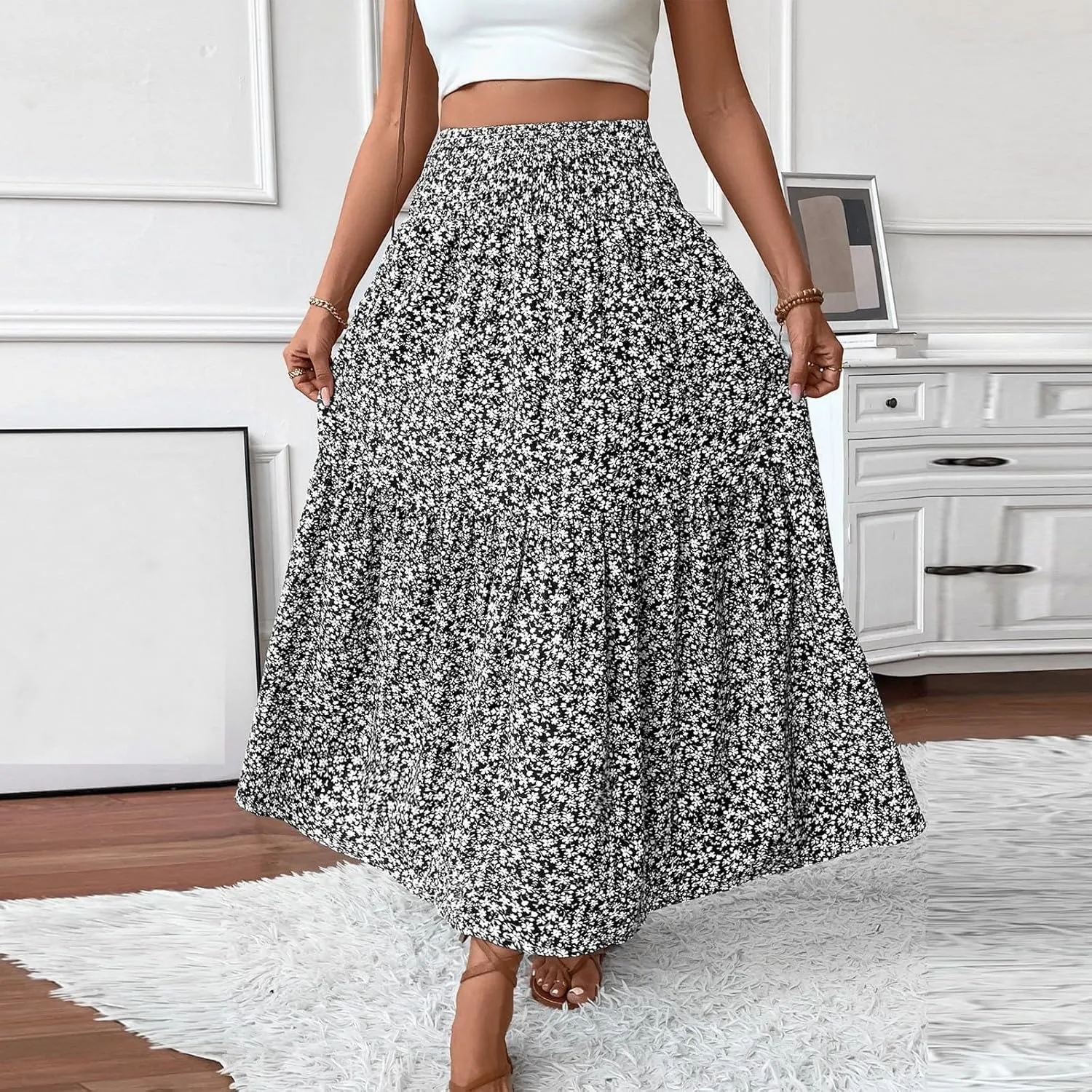 Bohemian Skirts for Women Trendy Country Floral Festival Smocked Beach Flutter Travel Elastic Waist Peasant Swing Skirts