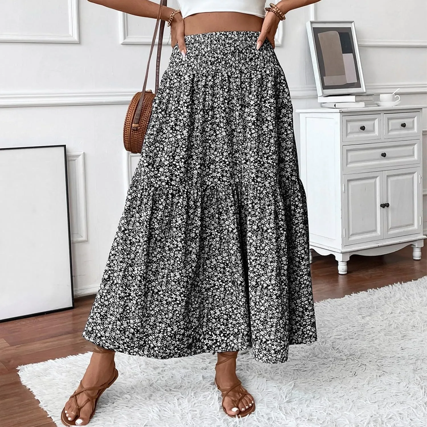 Bohemian Skirts for Women Trendy Country Floral Festival Smocked Beach Flutter Travel Elastic Waist Peasant Swing Skirts