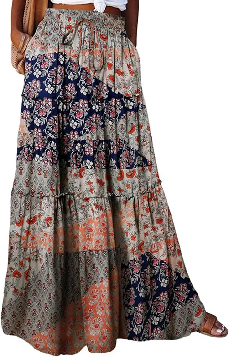 Boho Long Pleated Skirts for Women Trendy Bohemian Tiered Maxi Skirt Casual Elastic Waist Hippie A Line Flowy Skirt