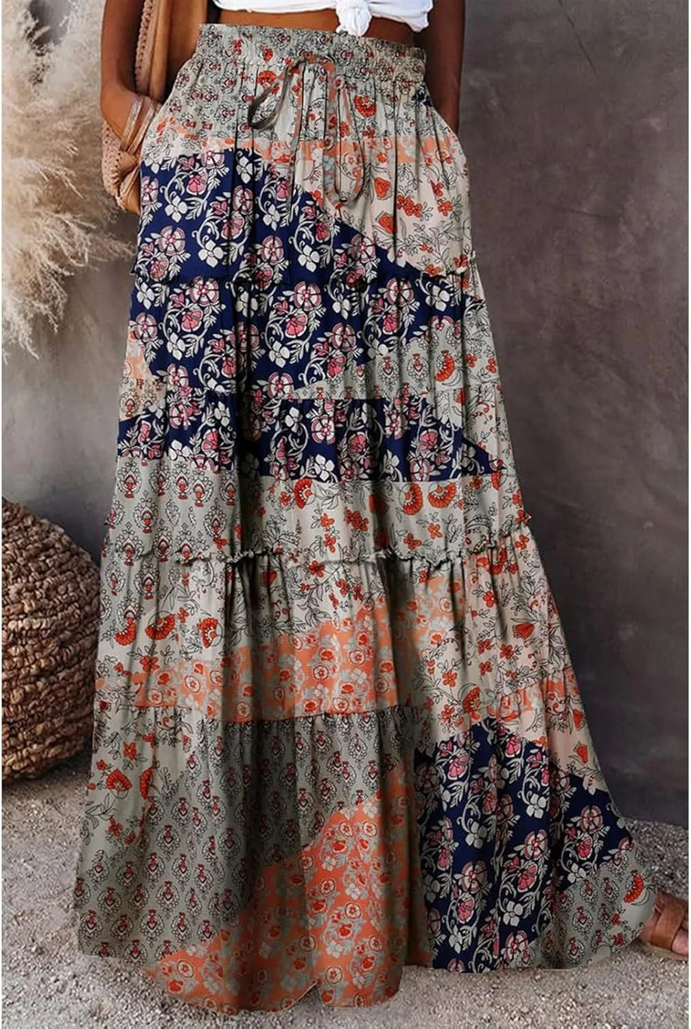 Boho Long Pleated Skirts for Women Trendy Bohemian Tiered Maxi Skirt Casual Elastic Waist Hippie A Line Flowy Skirt