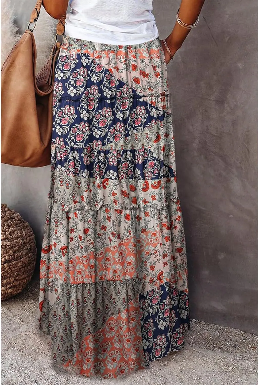 Boho Long Pleated Skirts for Women Trendy Bohemian Tiered Maxi Skirt Casual Elastic Waist Hippie A Line Flowy Skirt