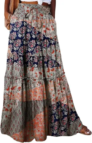 Boho Long Pleated Skirts for Women Trendy Bohemian Tiered Maxi Skirt Casual Elastic Waist Hippie A Line Flowy Skirt